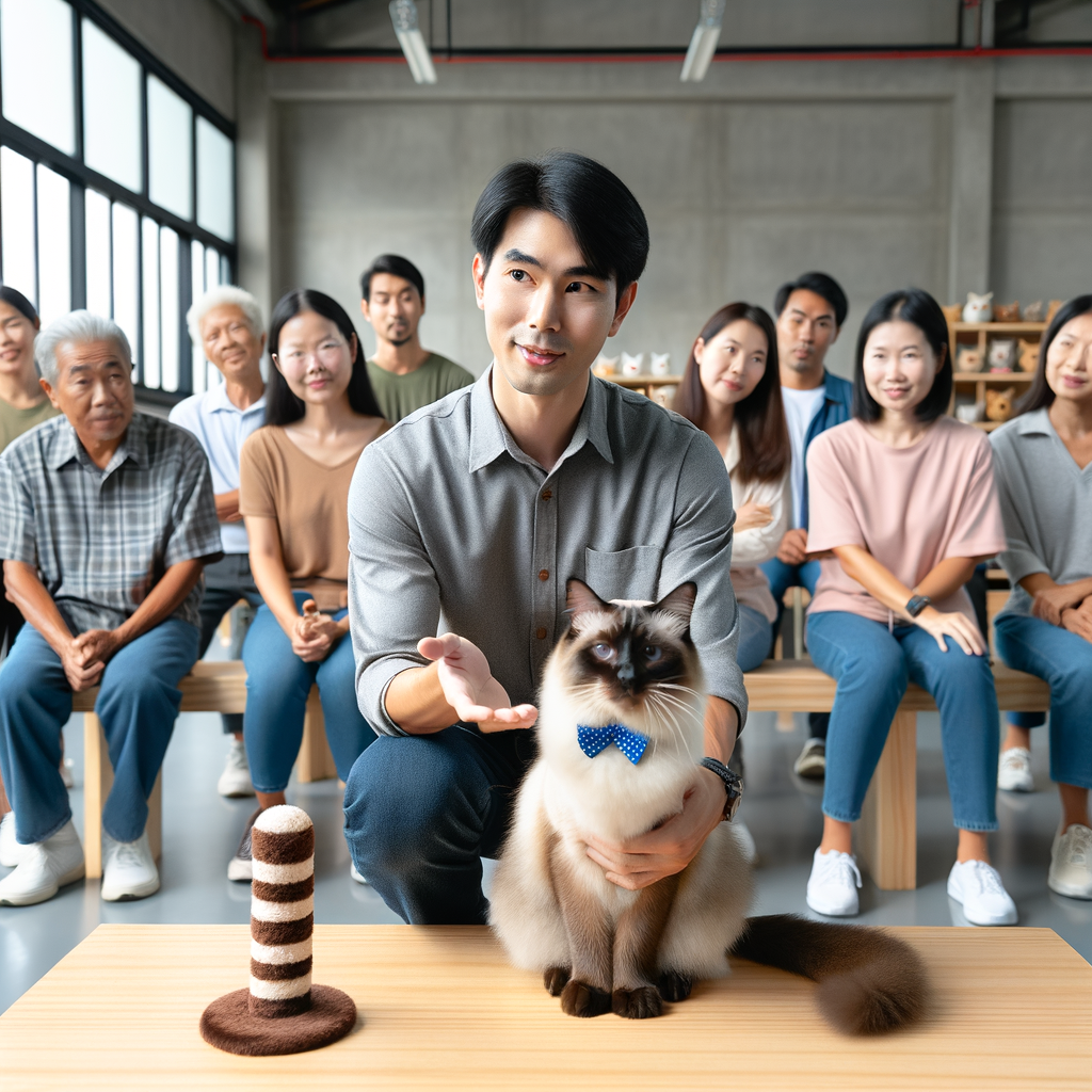 Professional Siamese cat trainer demonstrating effective Siamese cat training techniques, highlighting common training mistakes to avoid for positive Siamese cat behavior.