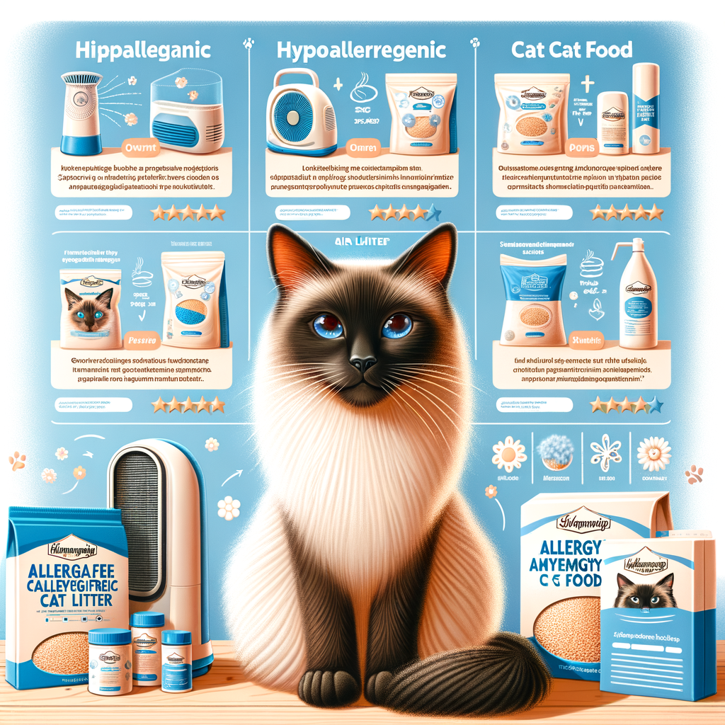 Comparison chart of hypoallergenic products for Siamese cat allergies, including air purifiers, allergy-free cat food, and cat litter, showcasing reviews and effectiveness in creating an allergy-free home for Siamese cats.