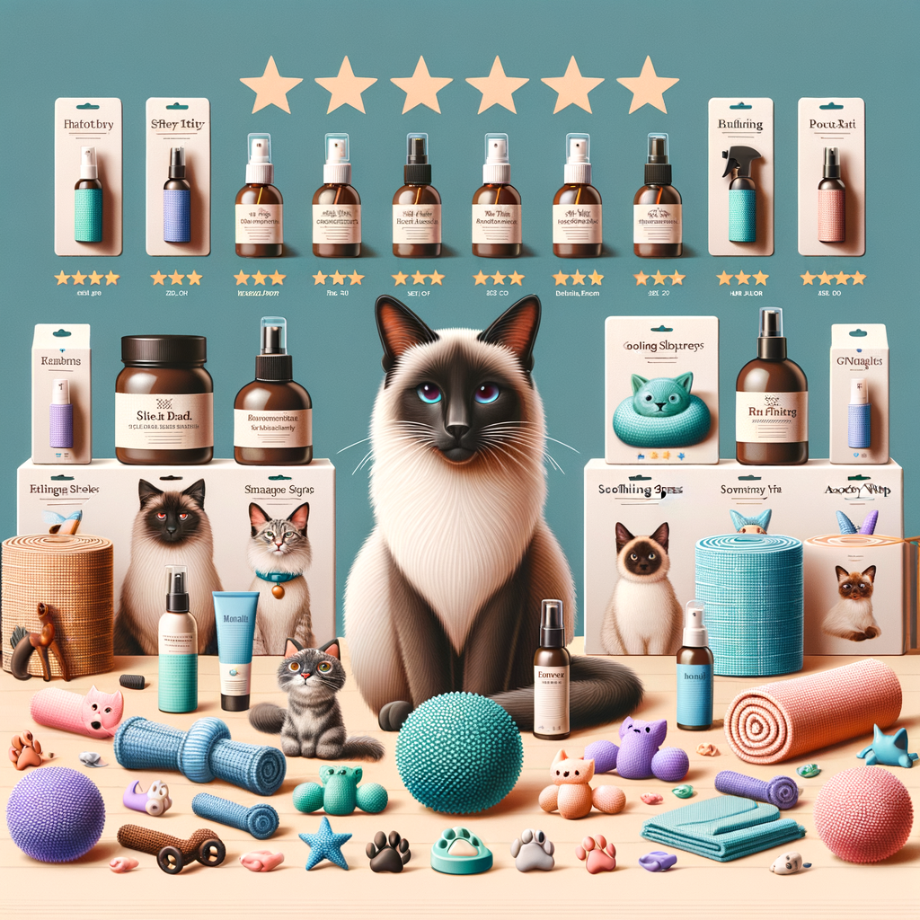 Top-rated Siamese cat stress relief products including toys, sprays, and anxiety wraps on a table, with a relaxed Siamese cat in the background, symbolizing effective stress management.
