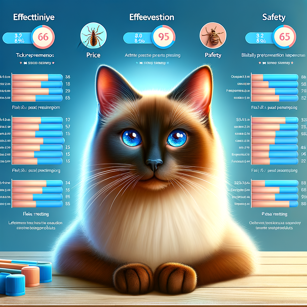Comparison chart of top-rated Siamese cat flea treatments and tick prevention products, highlighting effectiveness, price, and safety, with a healthy Siamese cat in the background demonstrating the importance of flea and tick control.