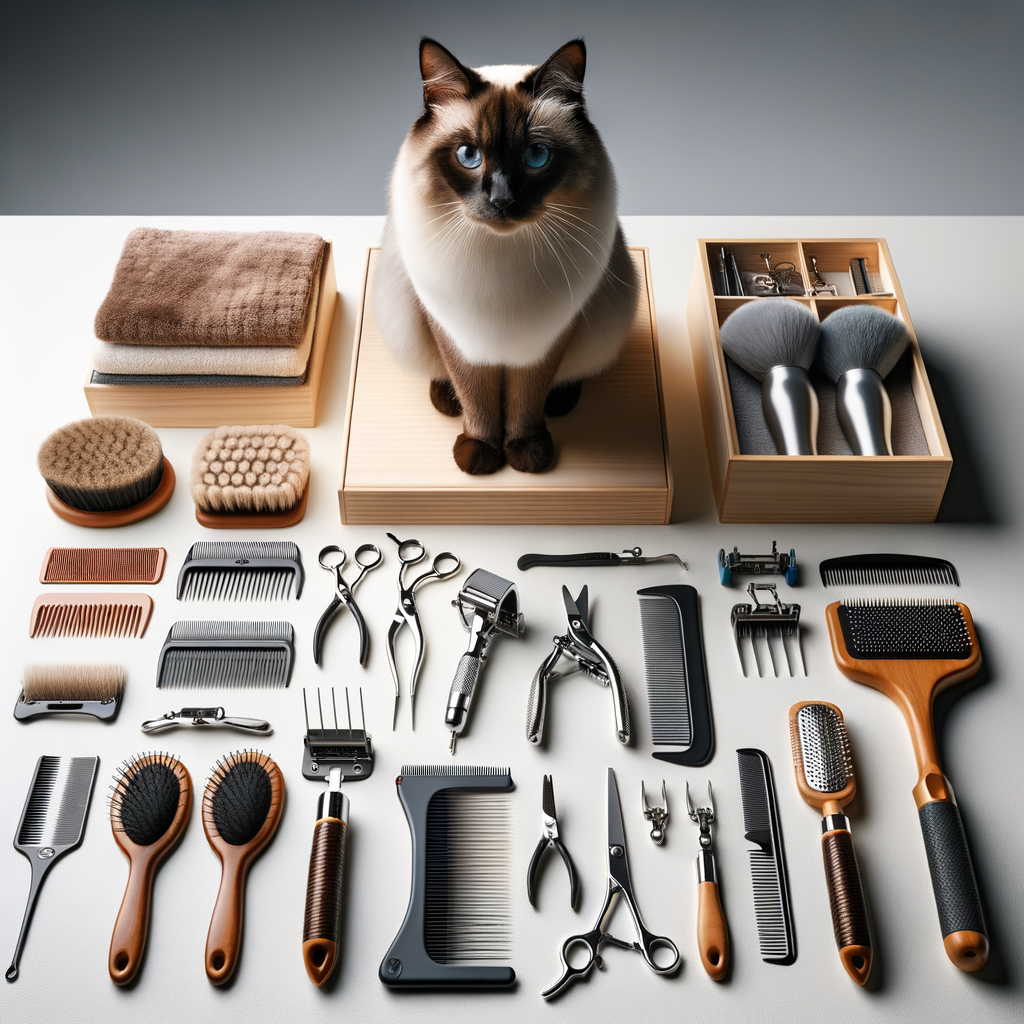 Top-rated Siamese cat grooming tools including brushes, combs, and clippers for optimal Siamese cat hair care, with a Siamese cat in the background, showcasing the best grooming tools for Siamese cats.