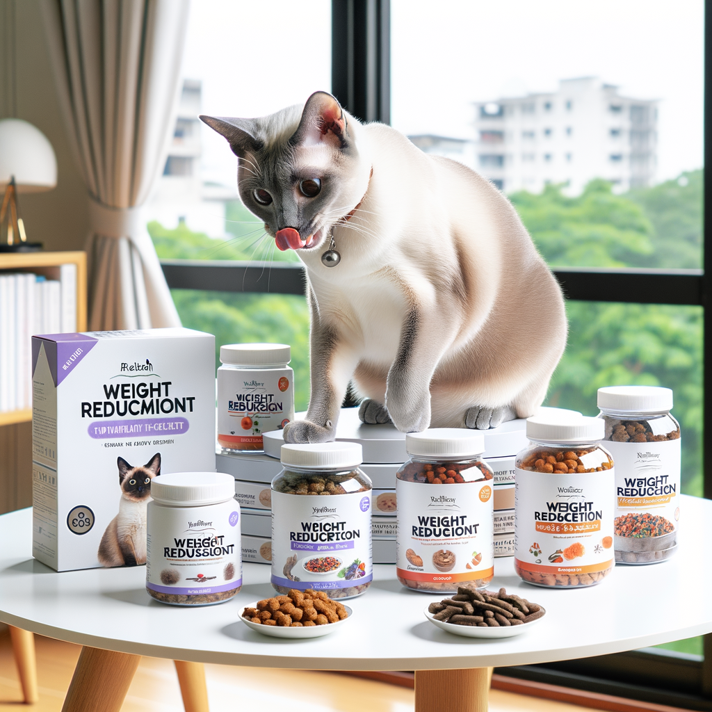 Healthy Siamese cat interacting with top-rated cat weight loss products for Siamese cat diet and nutrition, symbolizing effective weight management and health in Siamese cats.