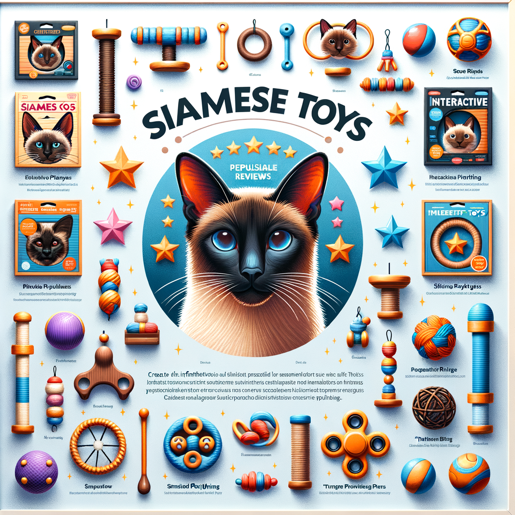 Variety of best toys for Siamese cats with interactive playthings, showcasing Siamese cat toy reviews and comparisons in a professional guide.