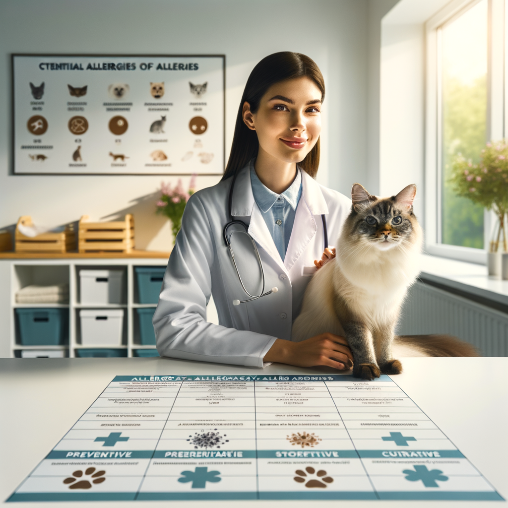Veterinarian discussing Siamese cat allergies, allergy management solutions, and treatments in a clinic, holding a hypoallergenic Siamese cat, with a chart of symptoms, prevention methods, and remedies for Siamese cat allergy relief in the background.
