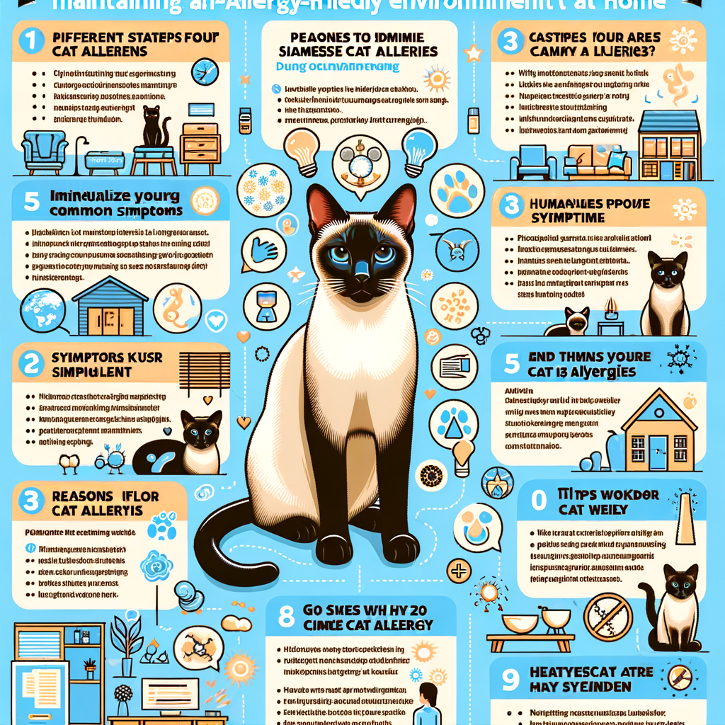 Infographic detailing Siamese Cat Care, highlighting hypoallergenic cats, specifically Siamese Cat allergies, symptoms, and tips for creating an allergy-friendly home for cats by reducing allergens at home.