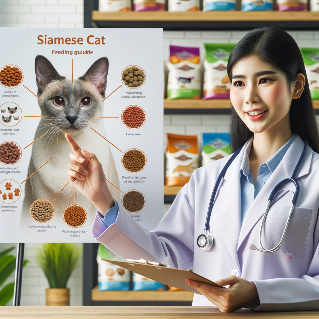 Veterinarian discussing Siamese cat diet and pointing at a Siamese cat feeding guide chart, highlighting best food for Siamese cats, Siamese cat dietary needs, weight management, and food allergies for optimal Siamese cat health.