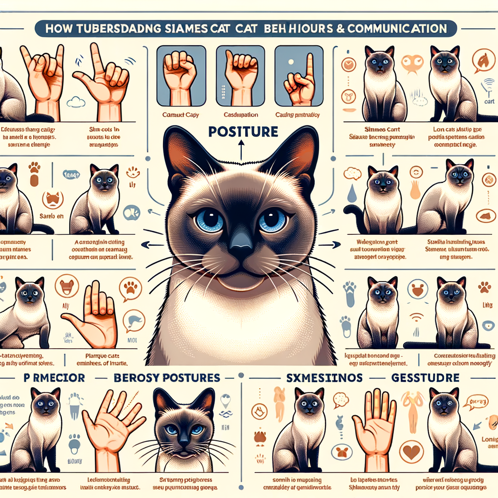 Infographic illustrating Siamese cat behavior, expressions, and postures for effective understanding and interpreting of Siamese cat communication and body language signs.