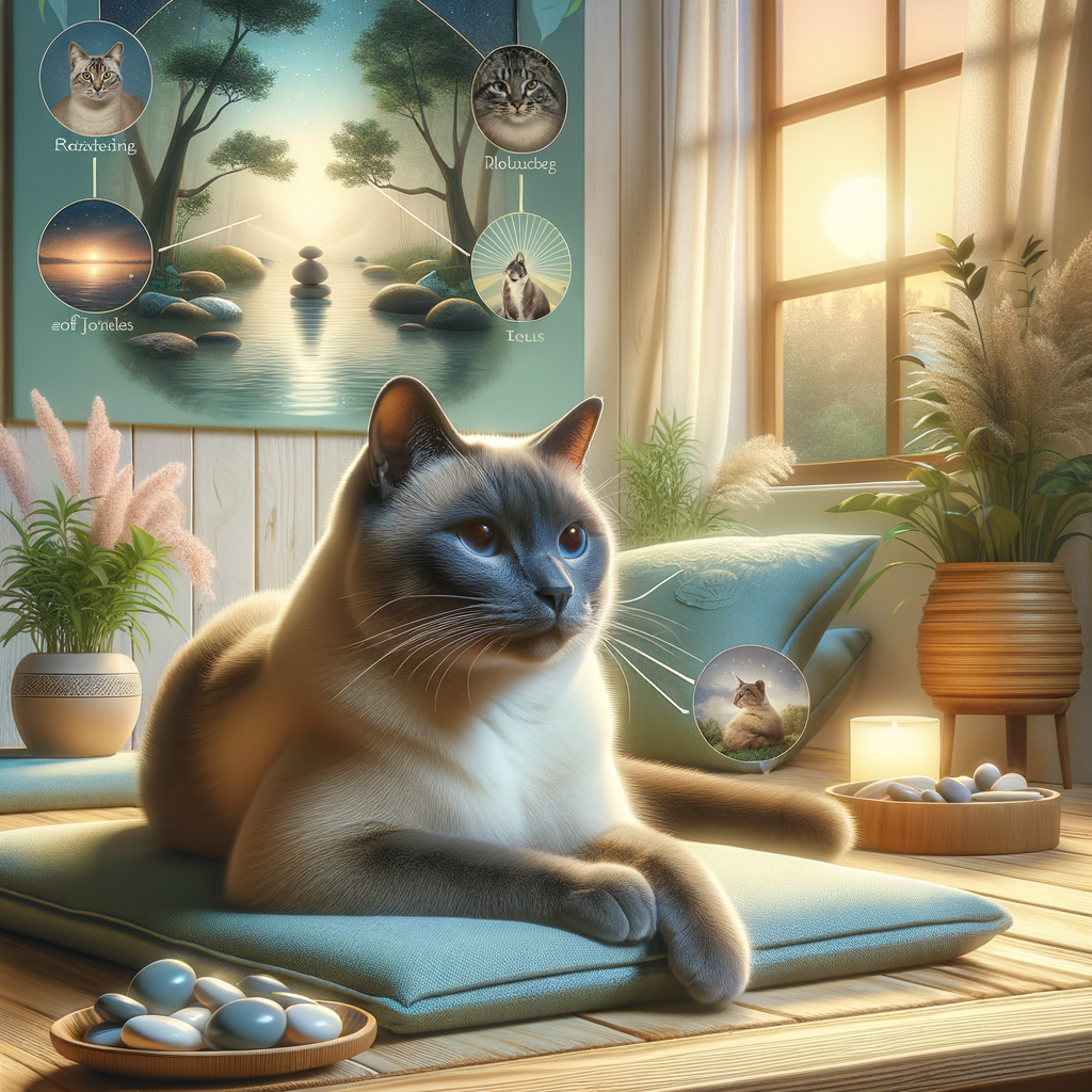 Relaxed Siamese cat demonstrating reduced anxiety and stress symptoms, highlighting the positive impact of stress relief and calming techniques on Siamese cat behavior and health for effective Siamese cat care and stress management.