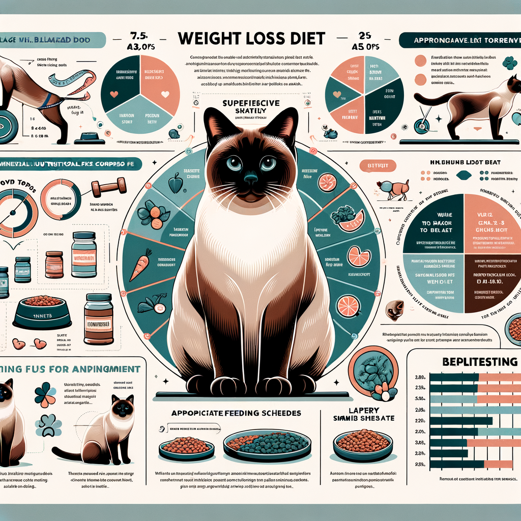Infographic detailing Siamese Cat Diet for healthy weight management, cat weight loss tips, Siamese cat nutrition facts, and a feeding guide, with before and after images of an overweight Siamese cat and suitable exercises for optimal Siamese cat health.
