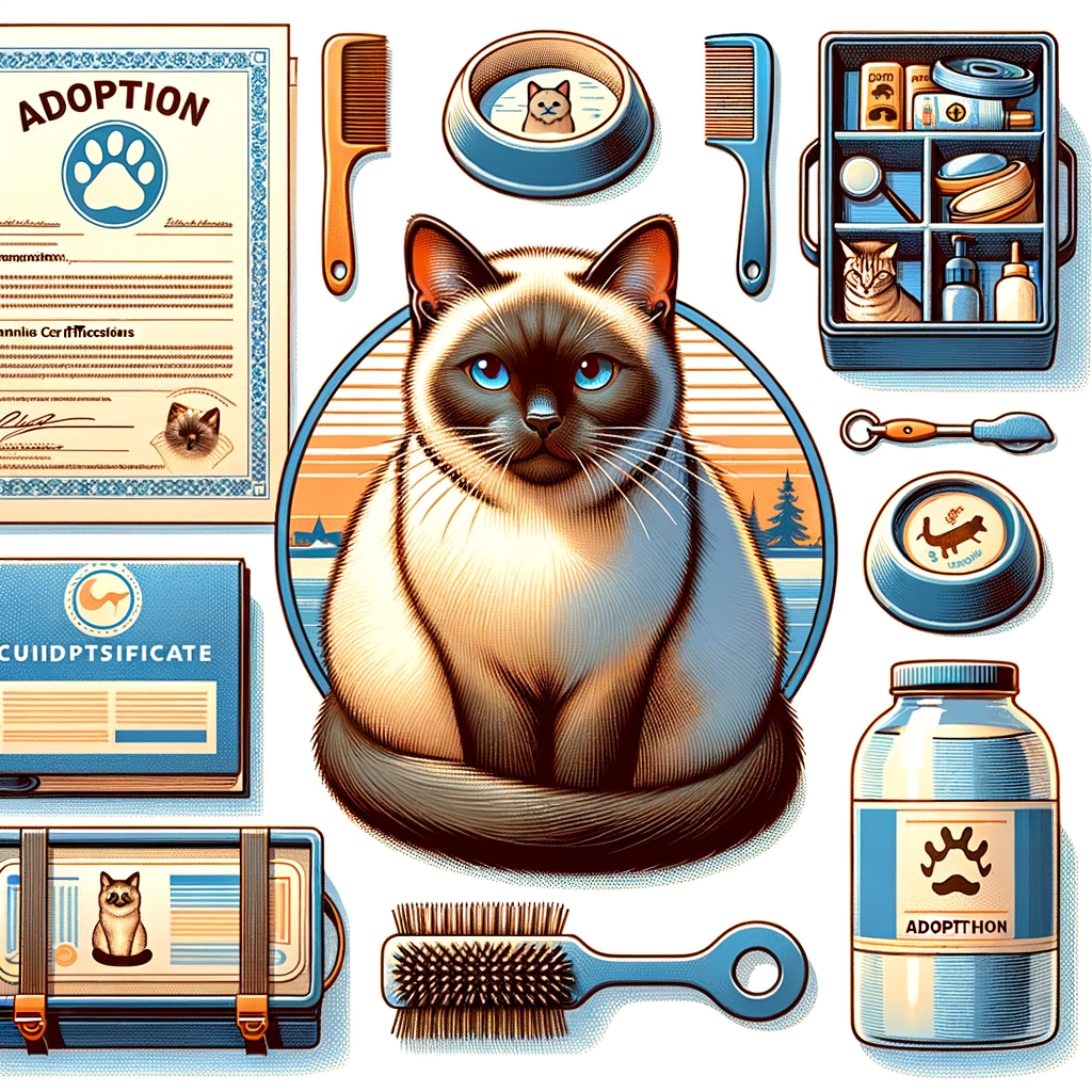 Siamese cat adoption process illustrated with adoption certificate, breed information book, and cat care kit in a loving home environment, providing tips and preparation for adopting Siamese cats.