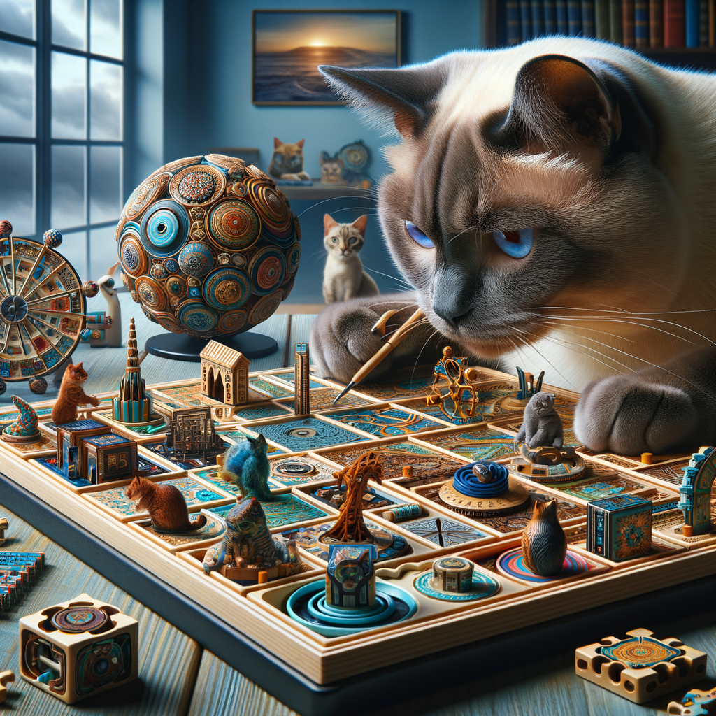 Siamese cat engaging in brain games and mental exercises with puzzle toys, showcasing Siamese cat intelligence training and cognitive stimulation for mental health.