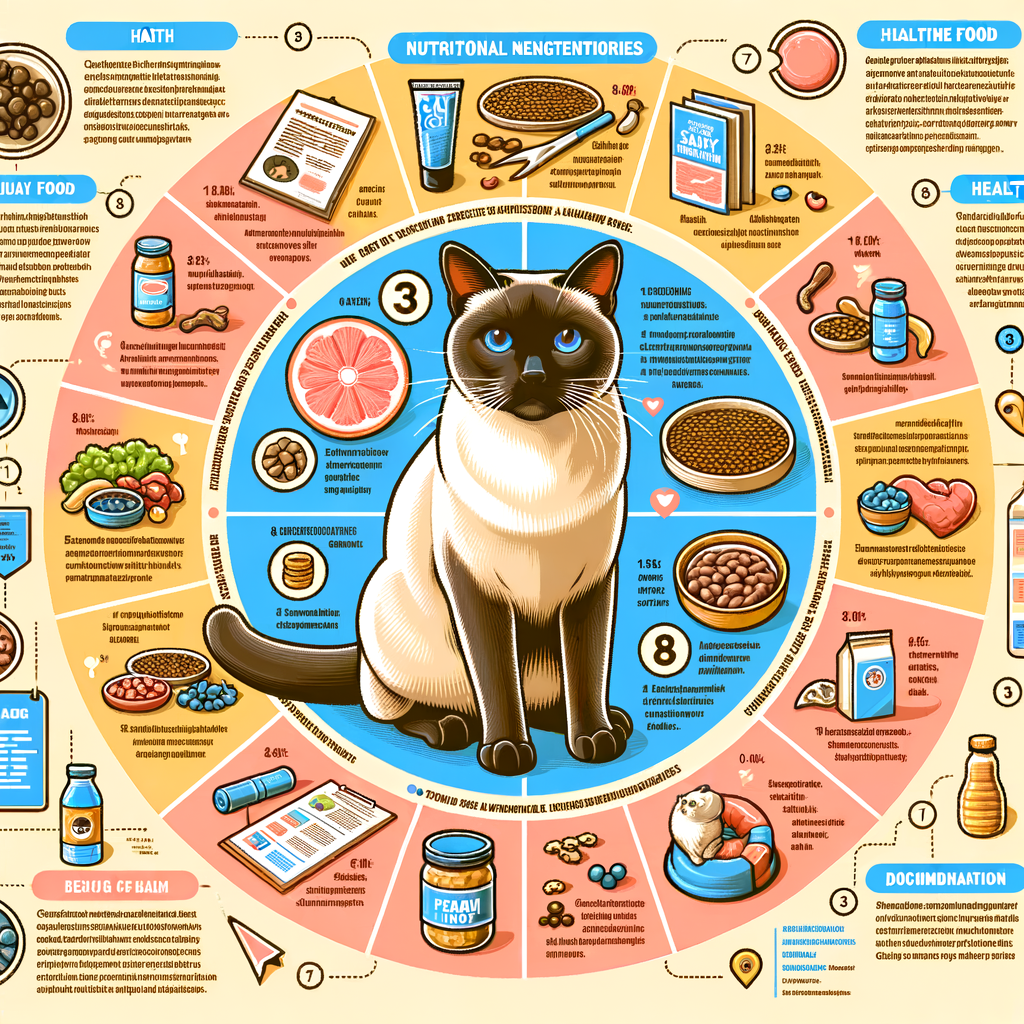 Infographic detailing Siamese cat diet, best food for Siamese cats, Siamese cat feeding guide, and health tips to meet Siamese cat dietary requirements for optimal Siamese cat health.