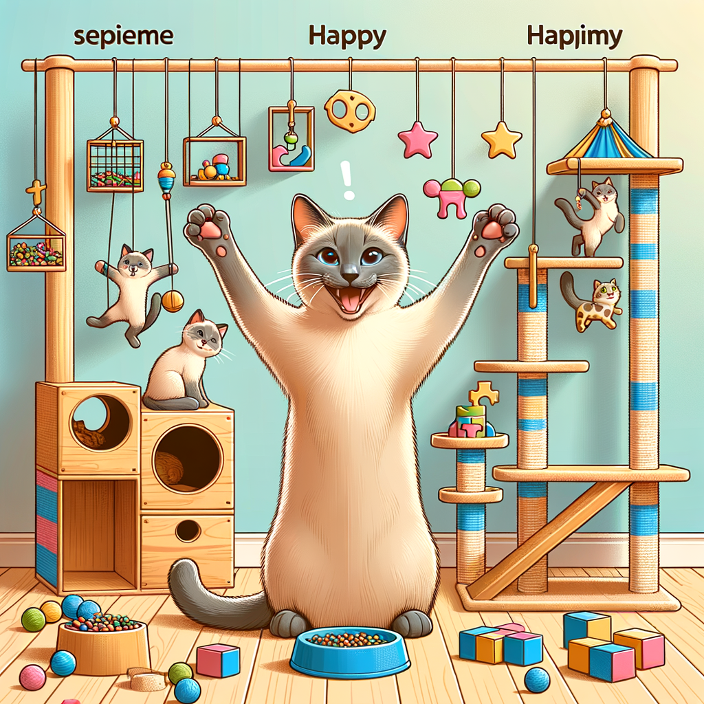 Happy Siamese cat engaging in indoor activities like playing with interactive toys and climbing structures, demonstrating Siamese cat behavior and stimulation for feline enrichment and cat enrichment ideas.