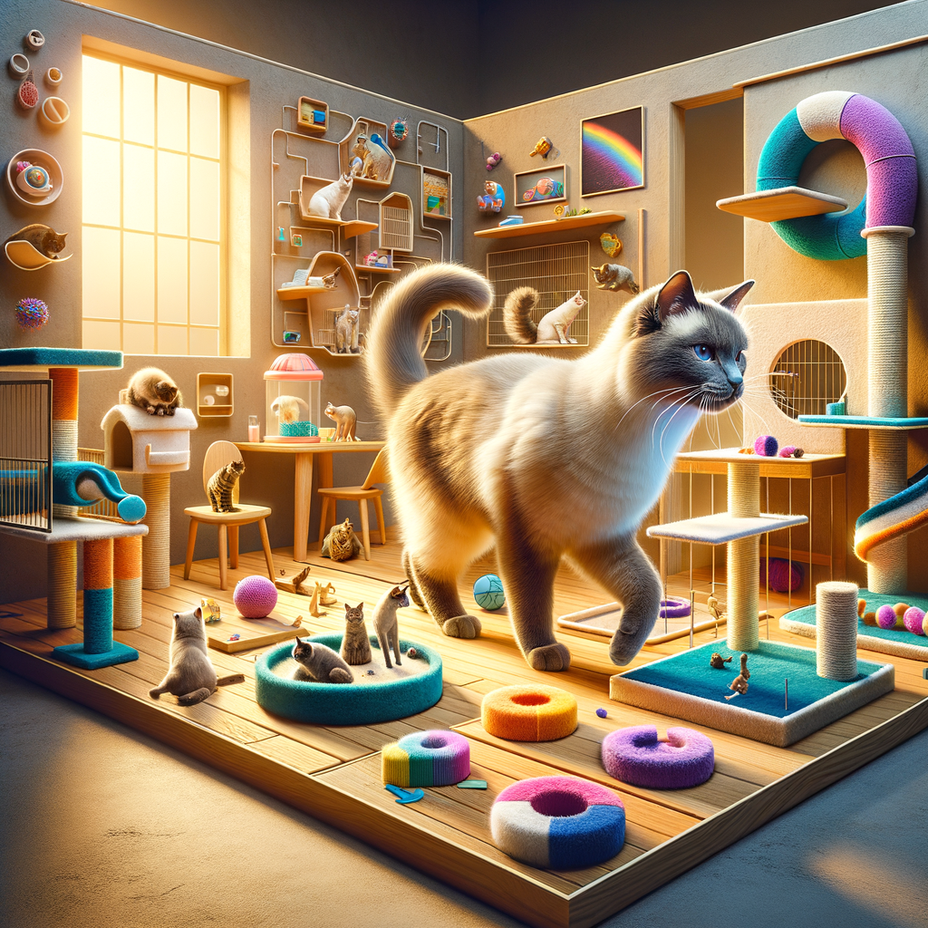 Siamese cat engaging in indoor activities with Siamese cat toys, demonstrating Siamese cat behavior and enrichment through indoor games, emphasizing the importance of indoor Siamese cat care and stimulation ideas.