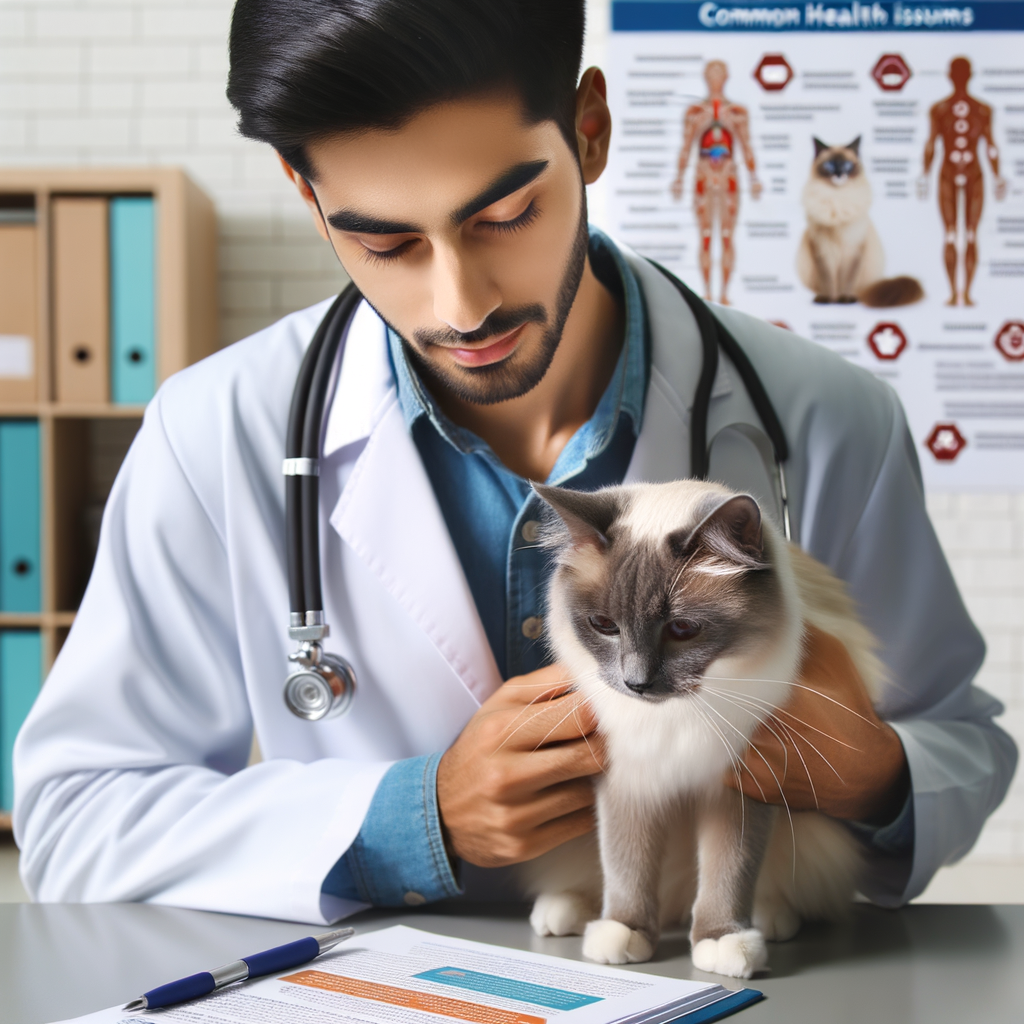 Veterinarian performing a Siamese Cat Health Check, examining for Siamese Cat Health Issues and Symptoms, with a Siamese Cat Care guidebook in the background detailing Siamese Cat Diseases and Health Tips.