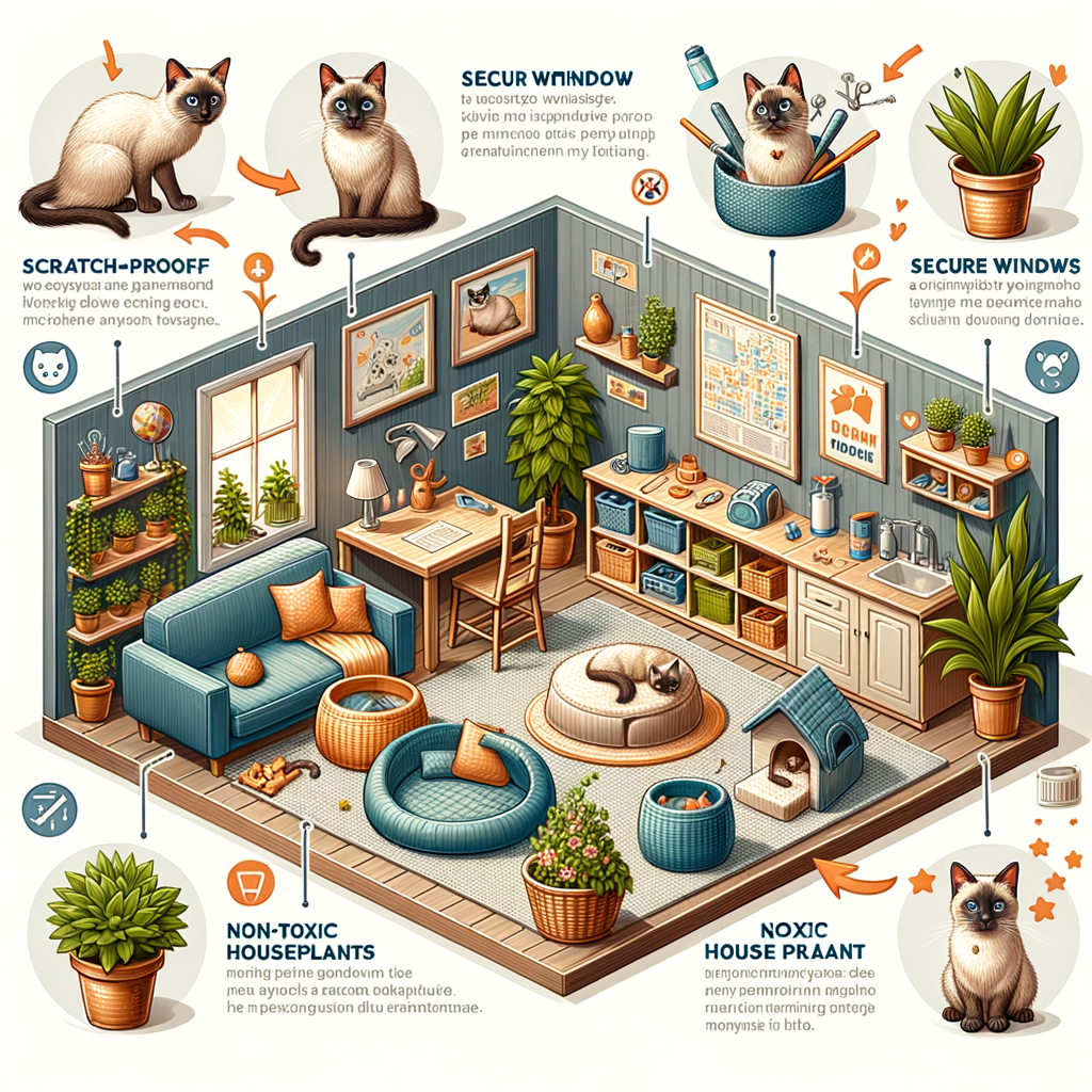 Infographic illustrating Siamese cat care, home safety measures, and tips for ensuring a safe home environment for Siamese cats.