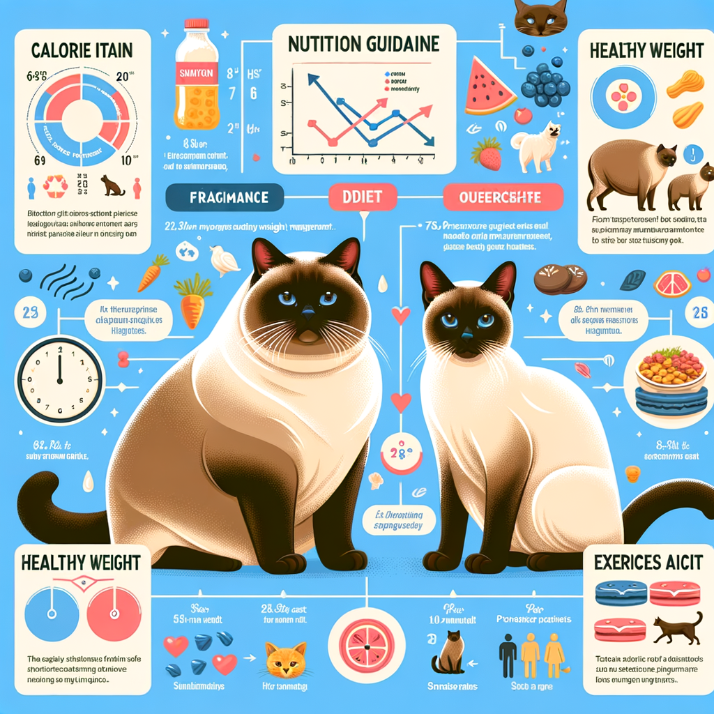 Infographic detailing Siamese Cat Diet for weight control, nutrition guidelines, exercise routines, and strategies for obesity prevention, highlighting the difference between a healthy weight and overweight Siamese cat.