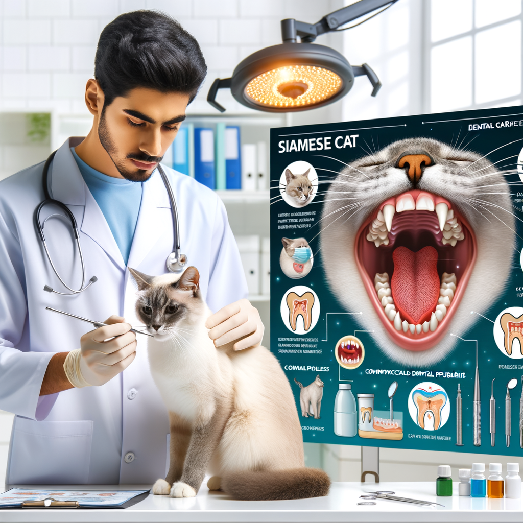 Veterinarian demonstrating Siamese cat dental care in a clinic, performing teeth cleaning while showcasing tips for maintaining Siamese cat oral health and addressing common dental problems in Siamese cats.