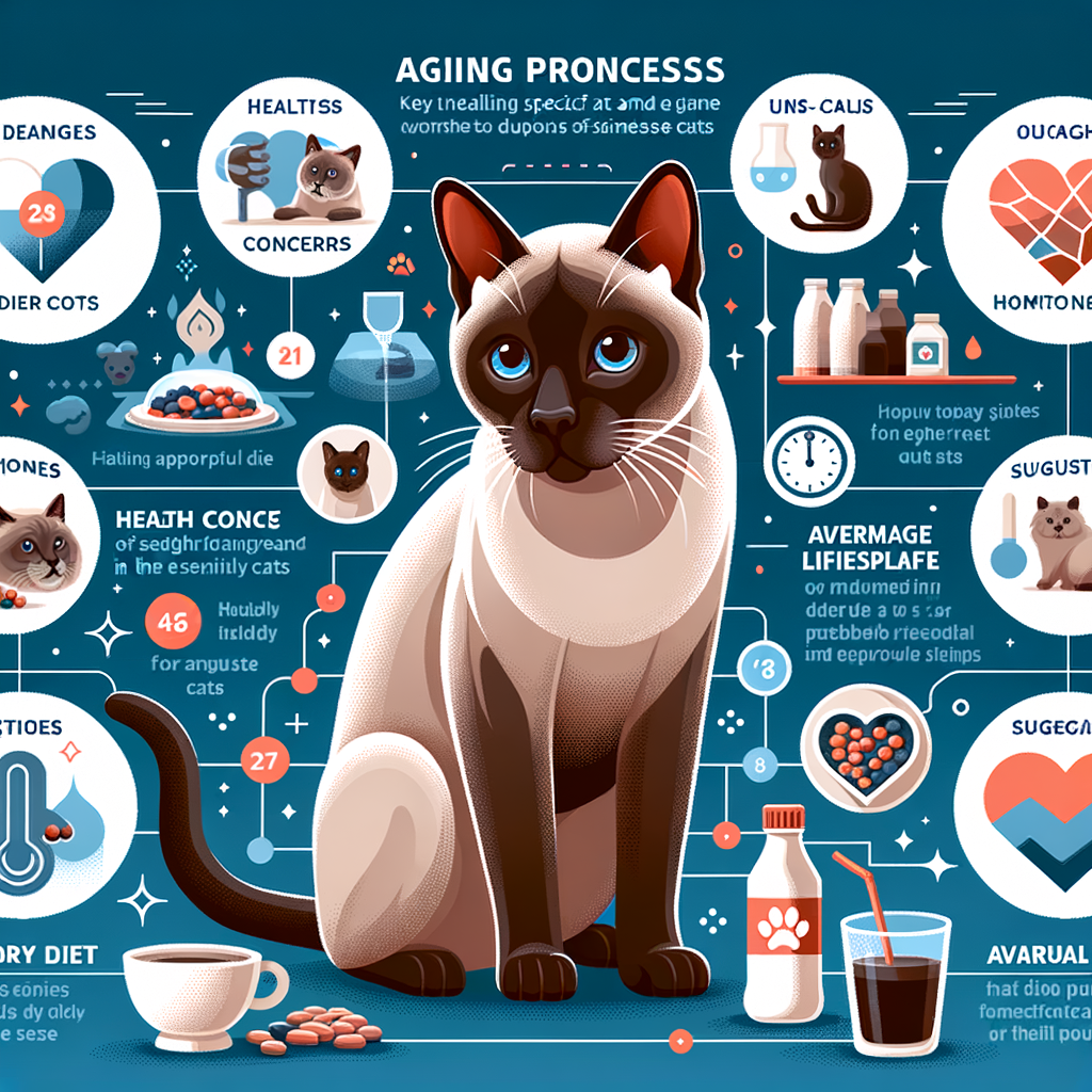 Infographic detailing Siamese Cat Aging Process, highlighting Senior Siamese Cat Health Issues, Diet, Lifespan, and providing Elderly Siamese Cat Tips for optimal Siamese Cat Care and a comprehensive Siamese Cat Senior Care Guide.