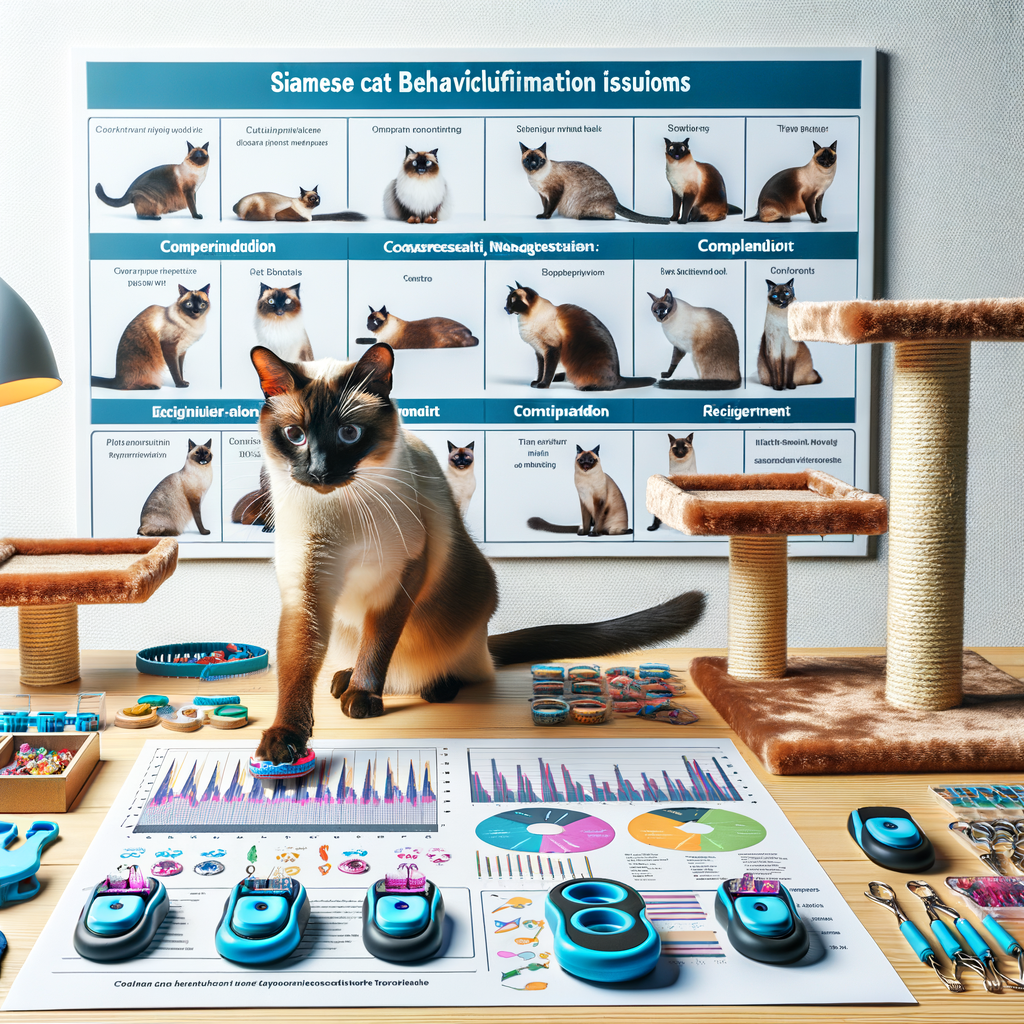 Siamese cat engaging in training with cat behavior modification tools like clickers and treat dispensers, with a chart on understanding and managing Siamese cat behavior problems in the background.