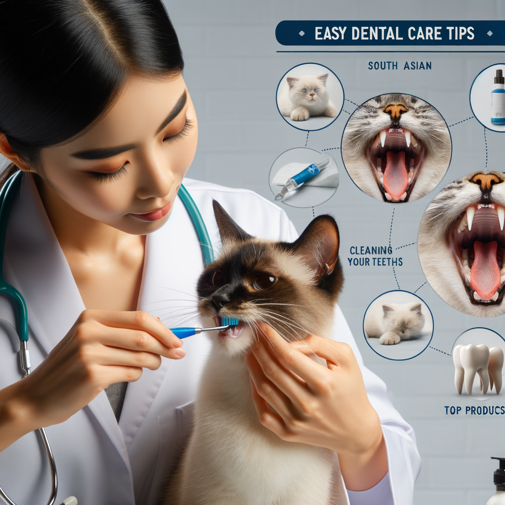 Veterinarian demonstrating Siamese cat teeth cleaning for optimal feline dental care, showcasing cat oral hygiene tools and products, with a sidebar of easy dental care tips for maintaining Siamese cat dental health.