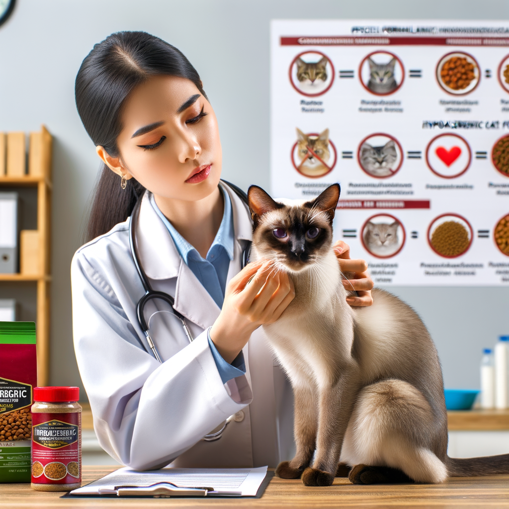 Veterinarian diagnosing Siamese cat food allergies, referencing a chart of cat food allergy symptoms, with hypoallergenic Siamese cat diet options for allergy management and best food for Siamese cats displayed.