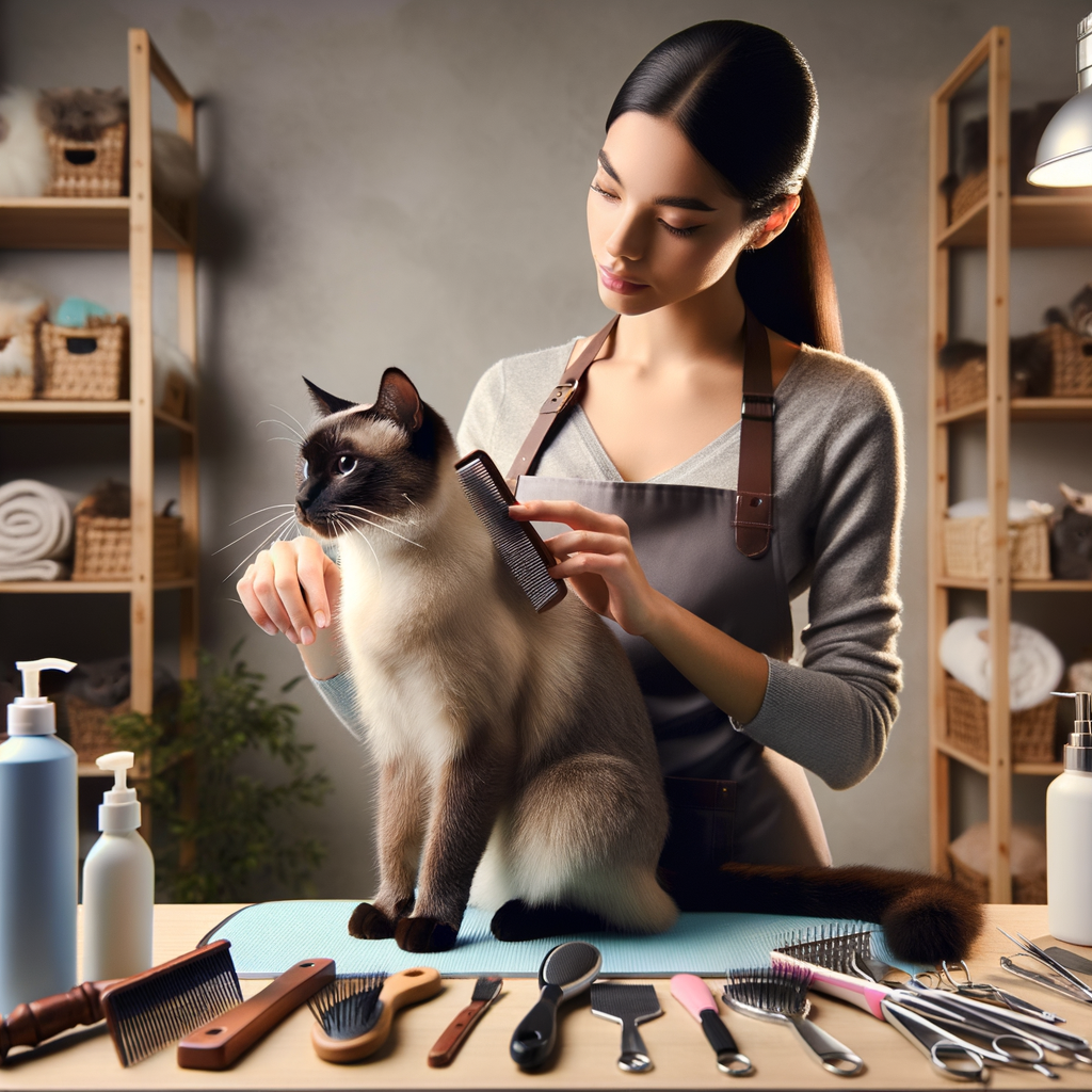 Professional Siamese cat groomer brushing a healthy, shiny Siamese cat coat, demonstrating Siamese cat skin care, fur maintenance, and coat health tips, with grooming tools and skin care products in the background.