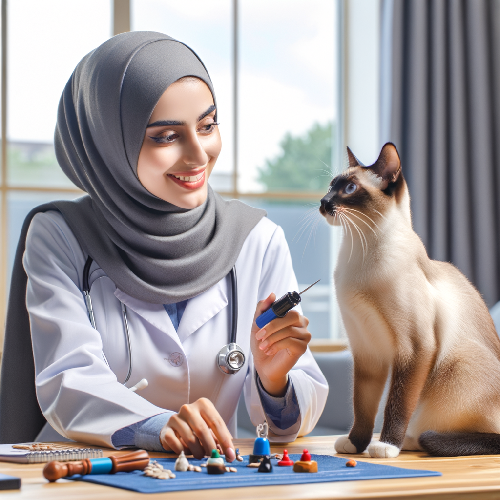 Professional cat trainer using effective techniques and tools for Siamese cat behavior modification, demonstrating Siamese cat discipline and positive behavior change.