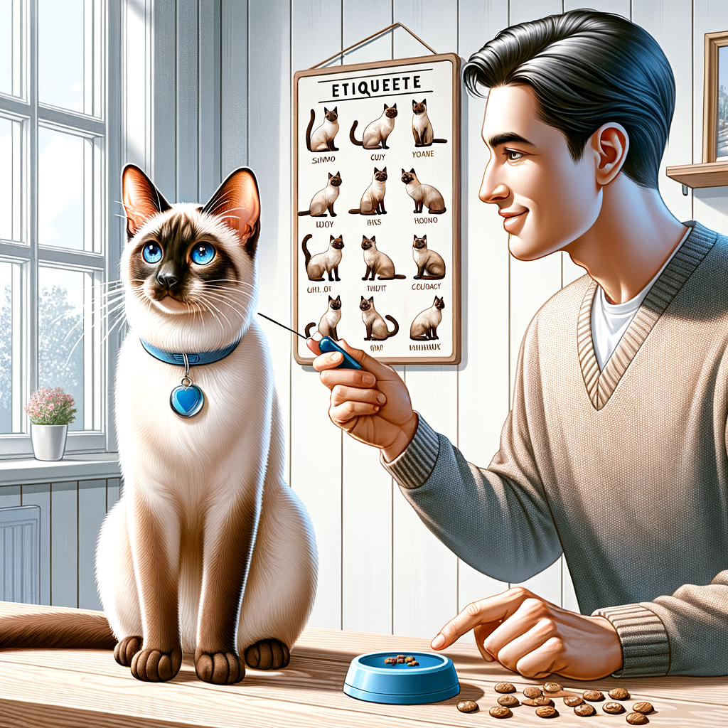 Owner using beginner-friendly Siamese cat training techniques, demonstrating understanding of Siamese cat behavior and care for an article on basic cat training tips for beginners.