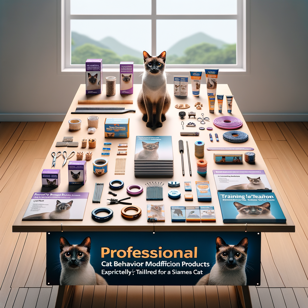 Siamese cat playfully engaging with various cat behavior modification products and training tools, illustrating Siamese cat care, training, and solutions for behavior issues.
