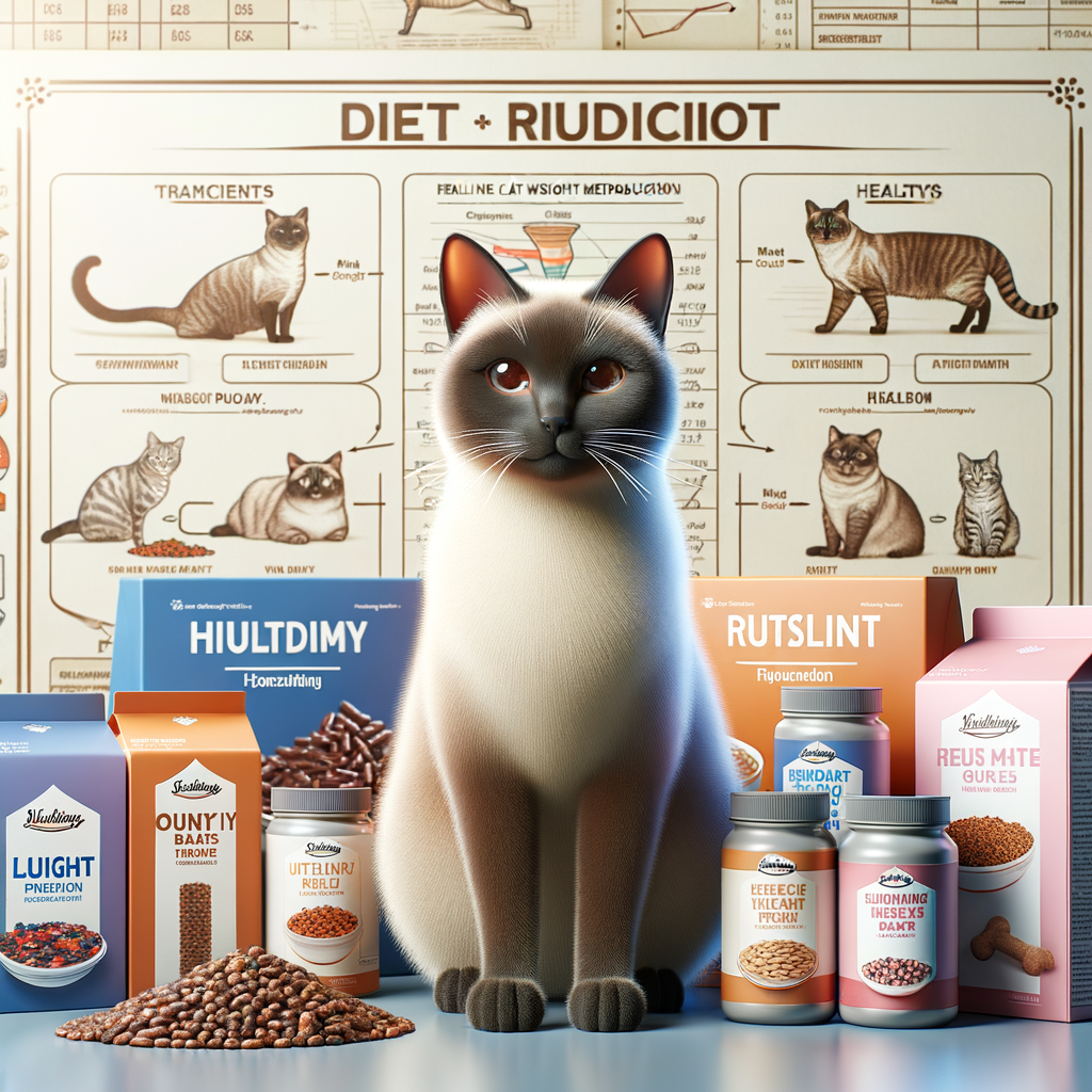 Siamese cat following a diet plan for weight management, with top-rated cat weight loss products and tips for Siamese cat health and nutrition.