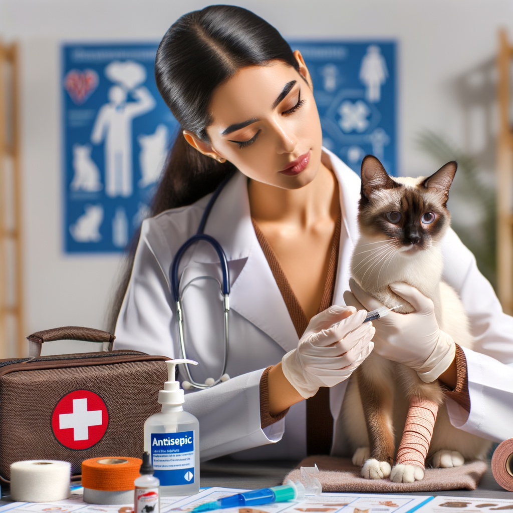 Siamese cat owner applying first aid to her pet, demonstrating Siamese cat health care essentials and emergency care tips for a comprehensive Siamese cat owner guide.