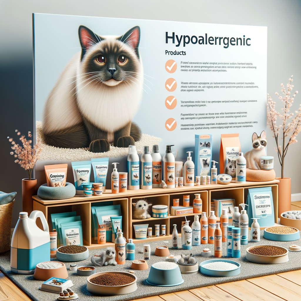 Selection of hypoallergenic products for cats and allergy-friendly pet supplies, focusing on Siamese cat allergy treatments and symptoms, ideal for Siamese cat care and pet allergy solutions.