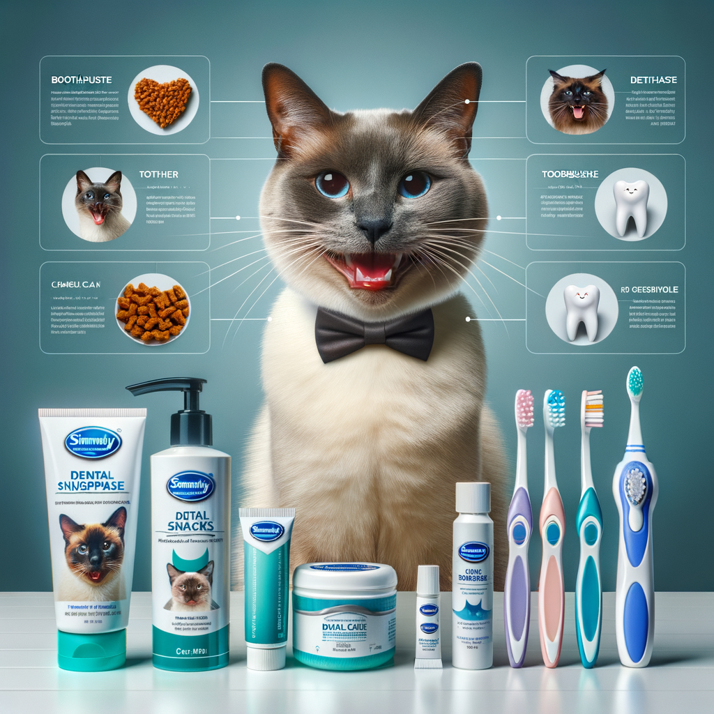 Siamese cat showcasing dental health with top-rated cat dental care products including toothpaste and dental treats, ideal for Siamese cat oral care and dental hygiene, featured in a comparison chart for best dental products for cats.
