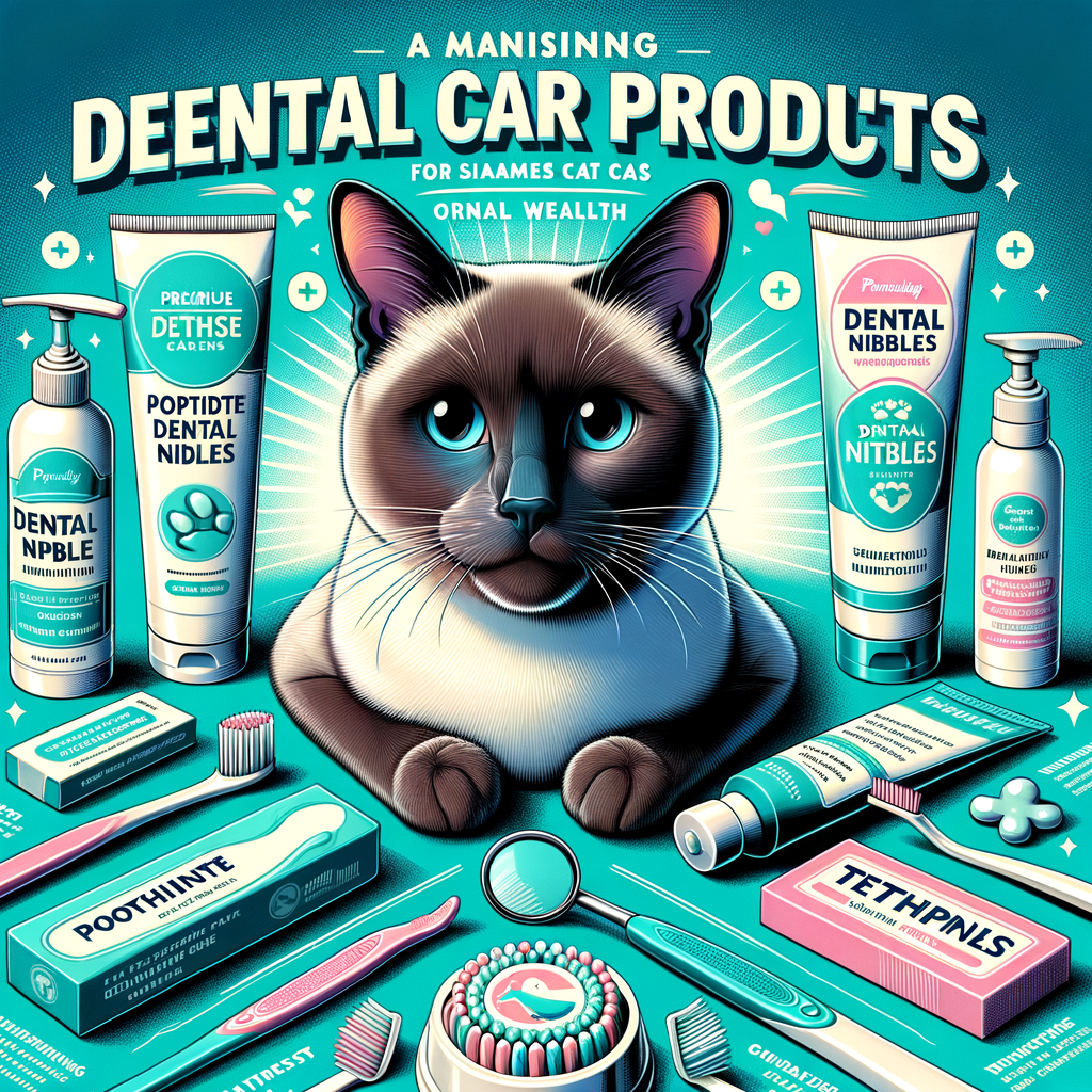 Top-rated Siamese cat dental care products including cat toothpaste, dental treats, and teeth cleaning tools with embedded Siamese cat dental health tips for optimal oral hygiene.