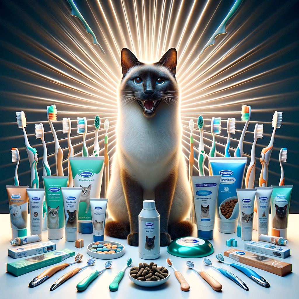 Siamese cat enjoying top-rated dental health products including toothbrushes, toothpaste, and dental treats, illustrating the importance of dental hygiene for Siamese cats and showcasing best dental care tips.