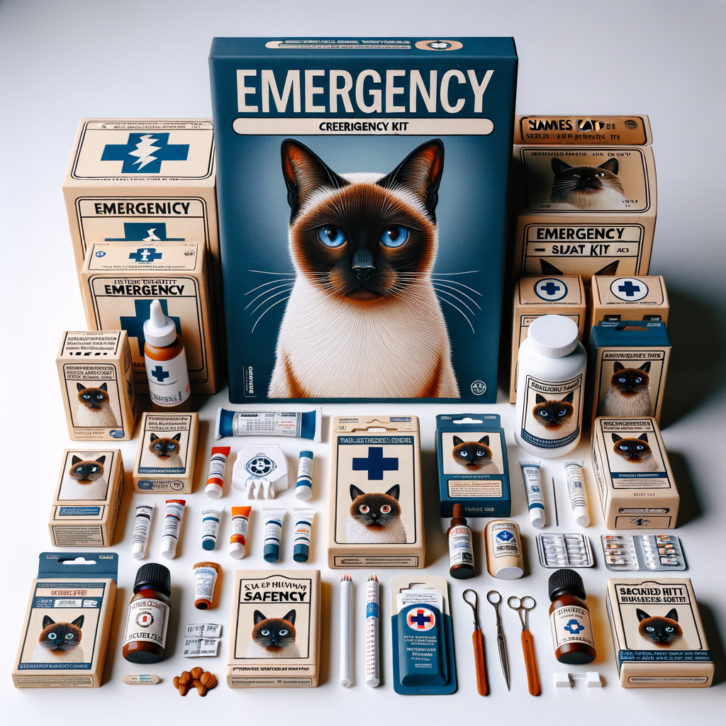 Review of Siamese Cat Safety Products and Emergency Kits, showcasing well-organized Siamese Cat Emergency Care items for preparedness and safety in emergency situations.