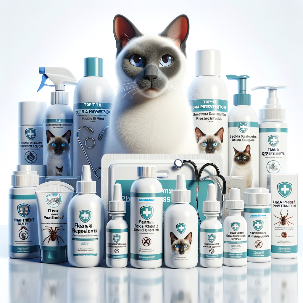 Top-rated Siamese cat flea treatment and tick prevention products, including best flea control medicines and tick repellents for effective Siamese cat parasite prevention, arranged on a clean white background.