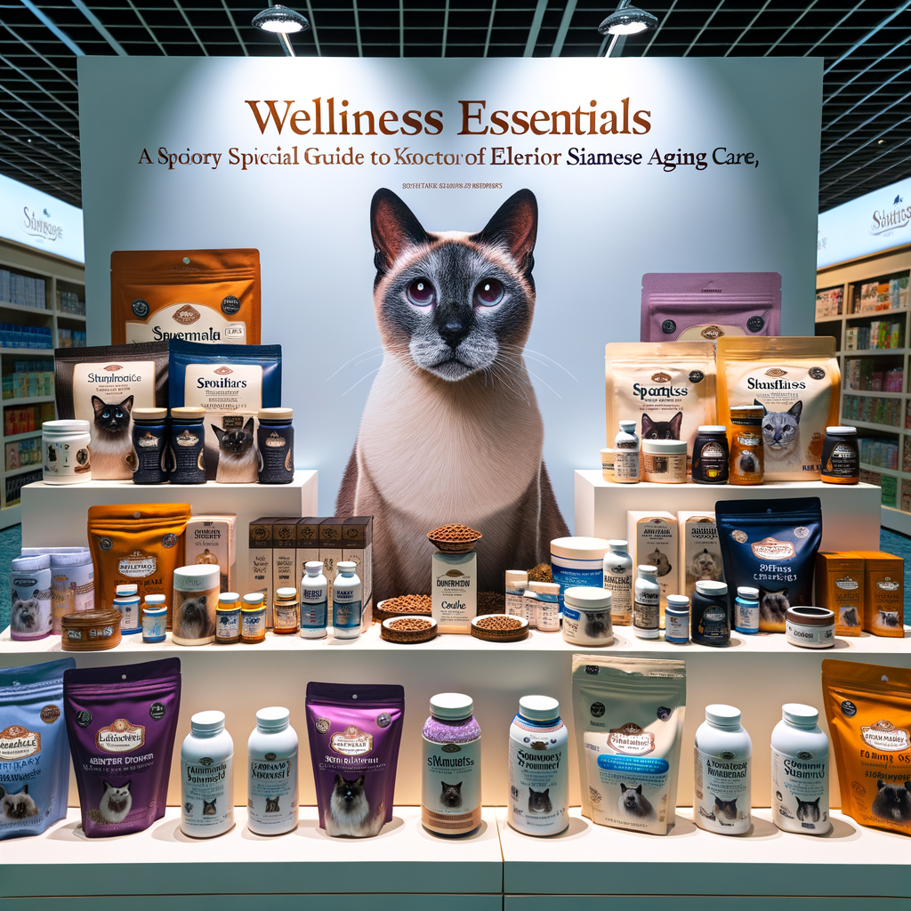 Variety of Siamese cat health products for senior care, including nutrition supplements and wellness essentials, providing comprehensive Siamese cat aging care and elderly Siamese cat health recommendations.