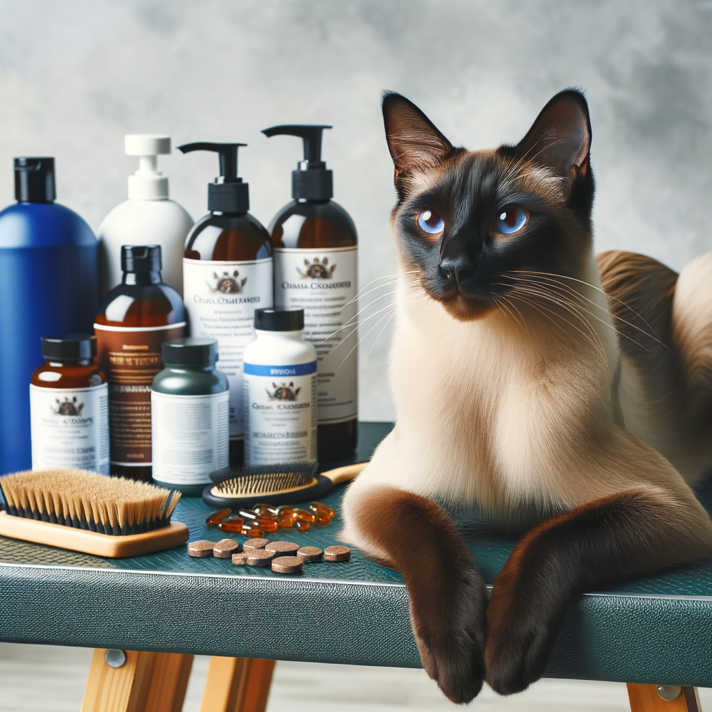 Top-rated Siamese cat skin and coat care products including shampoos, brushes, and supplements on a grooming table, with a well-groomed Siamese cat showcasing the benefits of these cat care essentials for Siamese cat grooming and fur care.