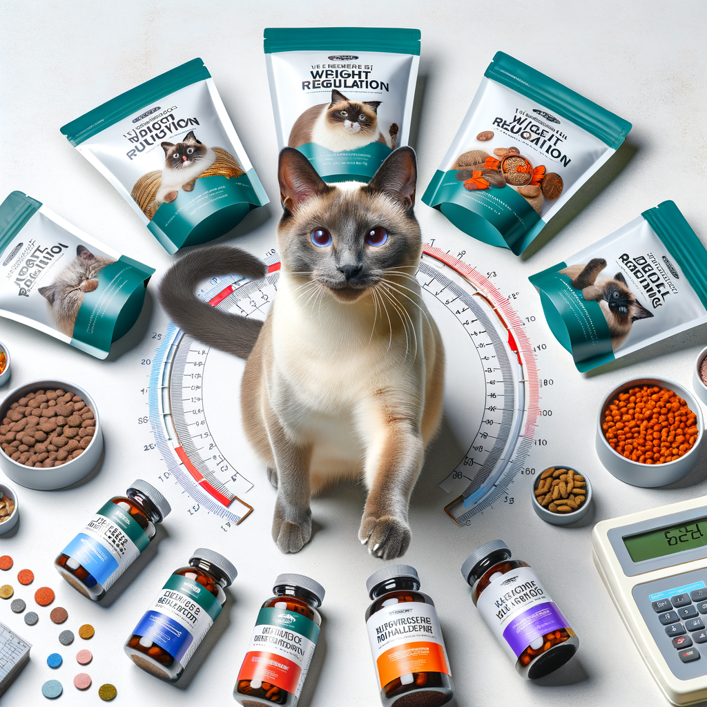 Siamese cat playfully interacting with top-rated cat weight management products, including weight management cat food and supplements, with a weight scale and ideal weight guide chart for Siamese cat health in the background.