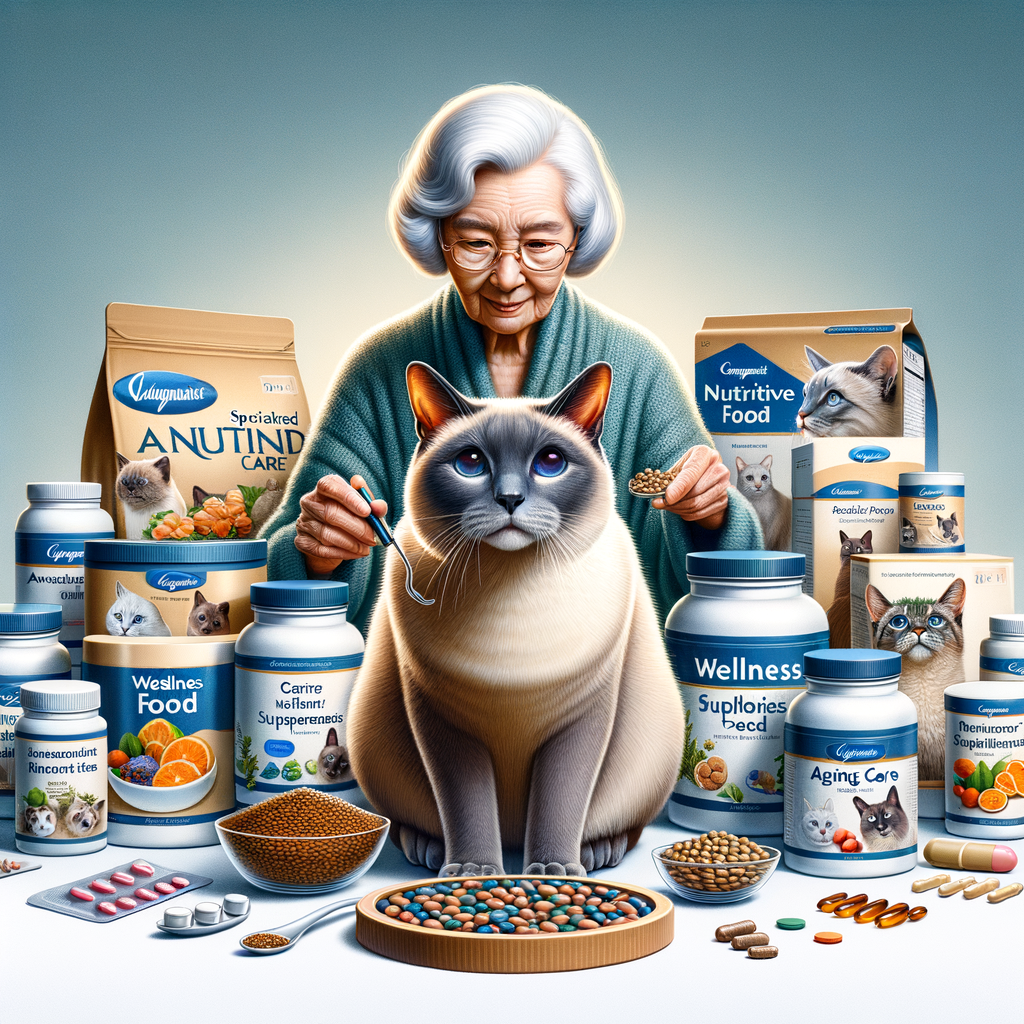 Senior Siamese cat interacting with a variety of elderly Siamese cat care products, including specialized nutrition food and health supplements, highlighting the importance of Siamese cat aging wellness and diet.