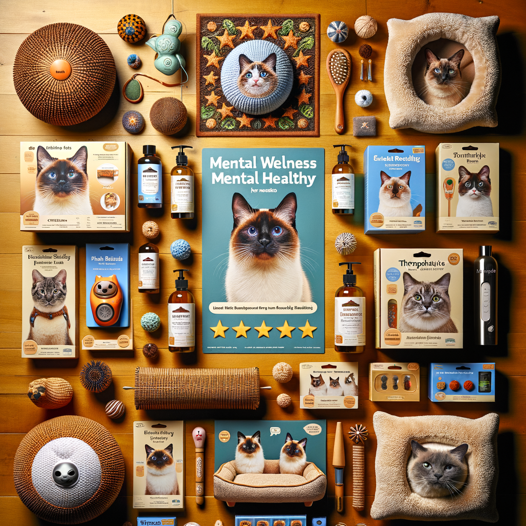 Assortment of top-rated Siamese cat mental health support products including toys, diffusers, and beds, reviewed for promoting mental health care in Siamese cats.