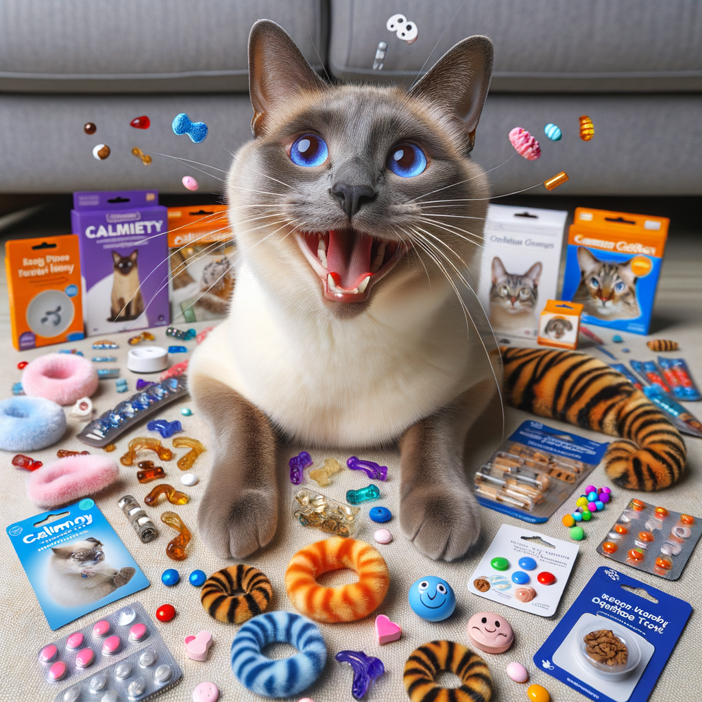 Siamese cat happily engaging with top-rated cat separation anxiety products, demonstrating positive change in Siamese cat behavior and effectiveness of anxiety relief solutions.