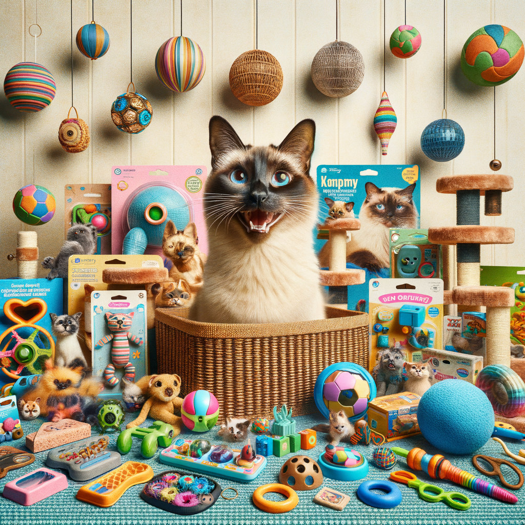 Variety of Siamese Cat Toys, Activity Products, and Enrichment Items in a playful indoor environment promoting stimulation and environmental enrichment for Siamese Cats.