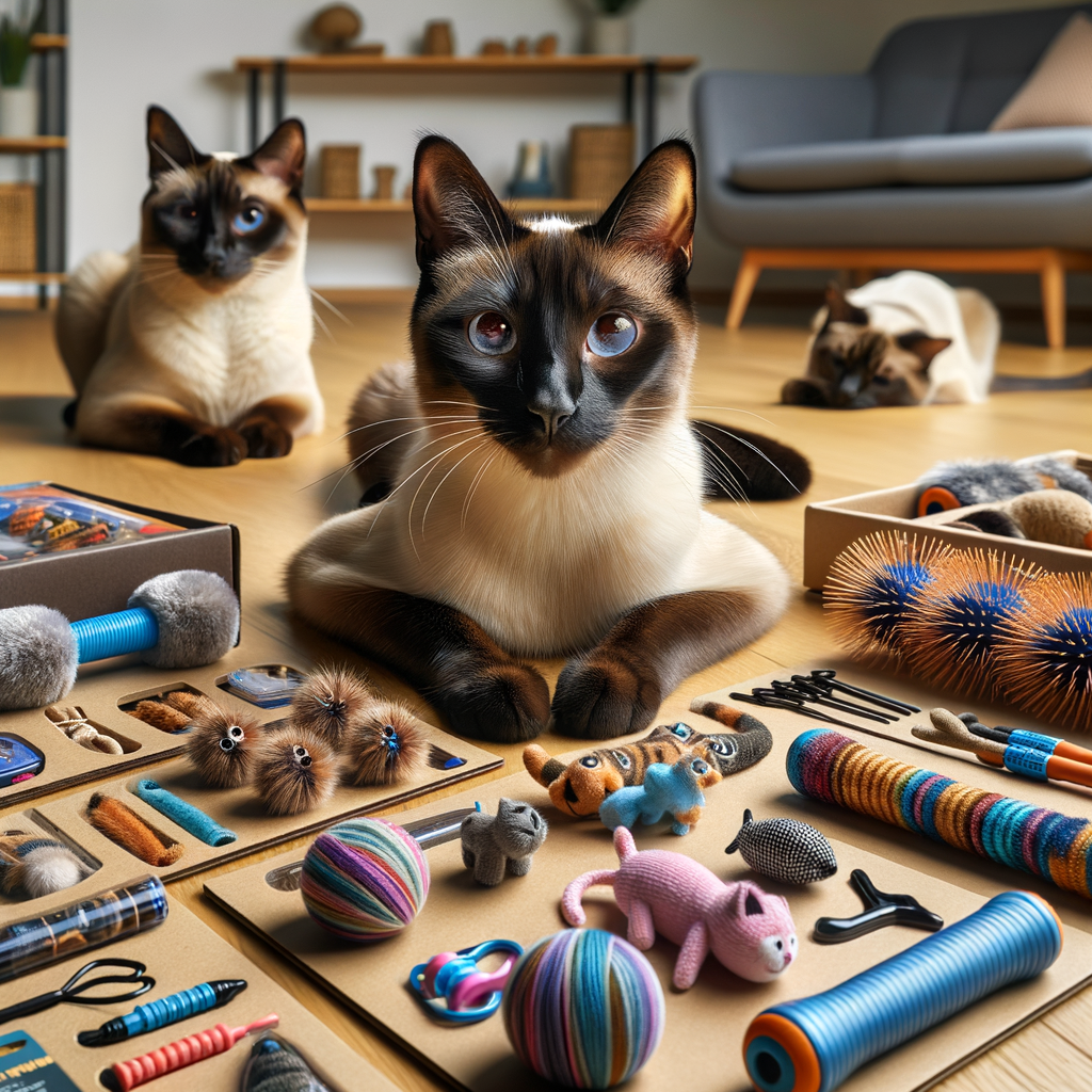 Siamese cats engaging with top-rated toys and care products, showcasing Siamese cat behavior during training and socialization, perfect for Siamese cat product recommendations.