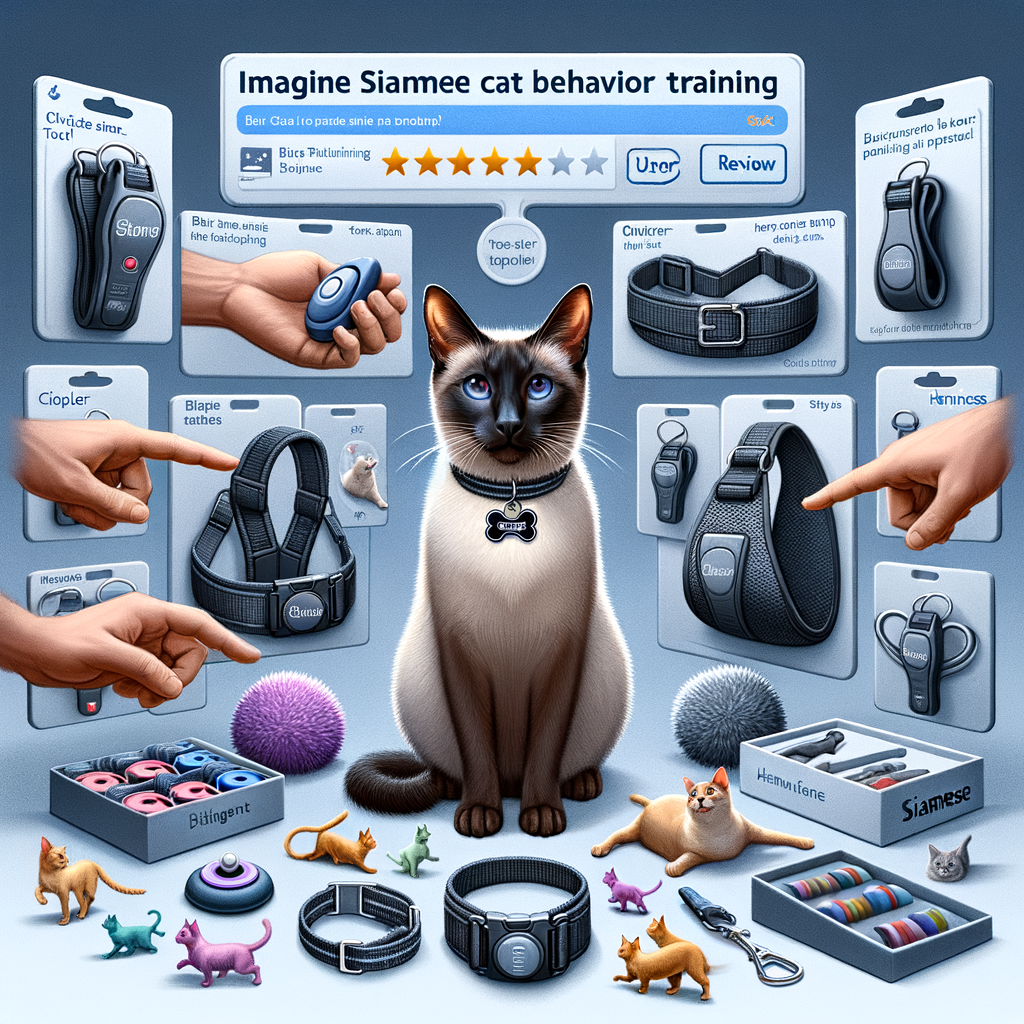 Siamese cat demonstrating effective use of behavior training tools including clickers, harnesses, and toys, with visible ratings and reviews for Siamese cat training reviews.