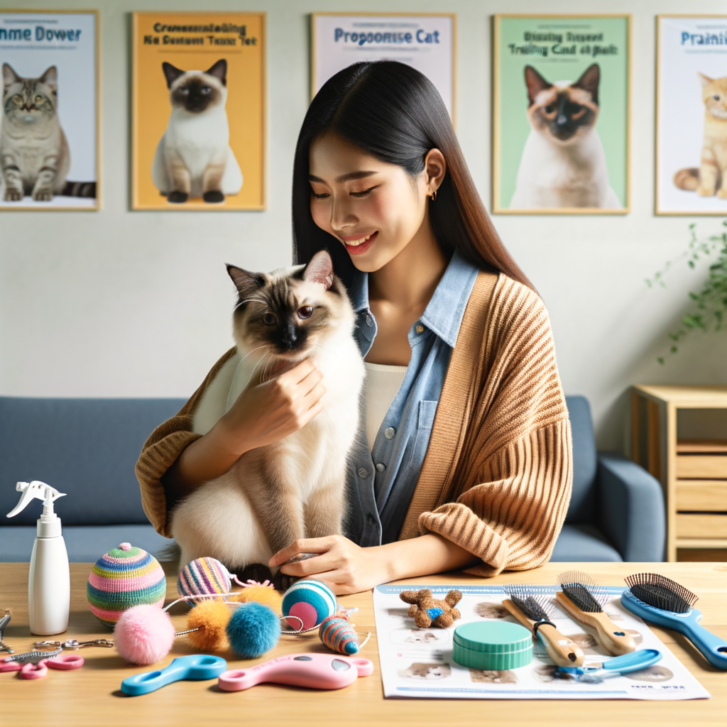 New cat owner bonding with Siamese cat using a variety of Siamese cat care products and accessories, demonstrating Siamese cat behavior and training techniques for successful Siamese cat adoption.