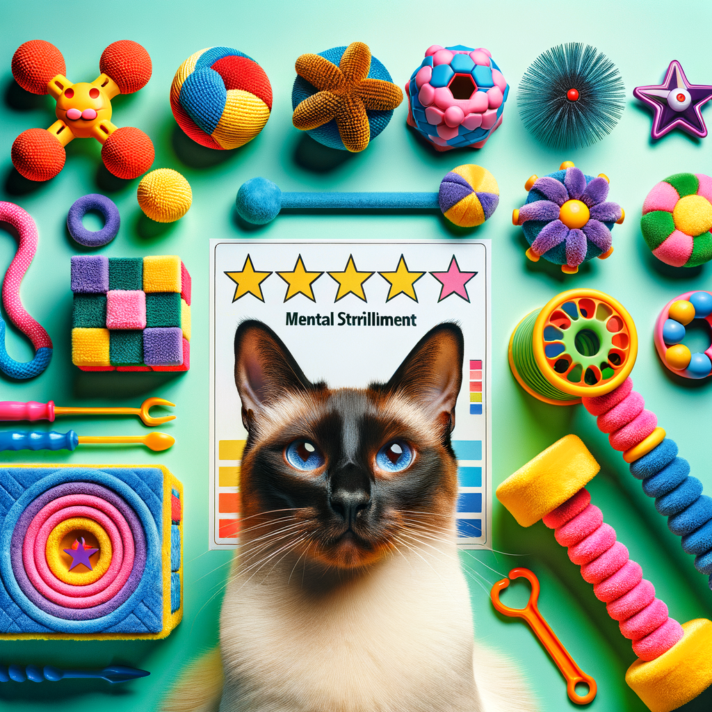 Siamese cat engaging with interactive and puzzle toys for mental stimulation, showcasing Siamese cat behavior and enrichment, with a rating chart of best toys for Siamese cats and other cat mental exercise products.