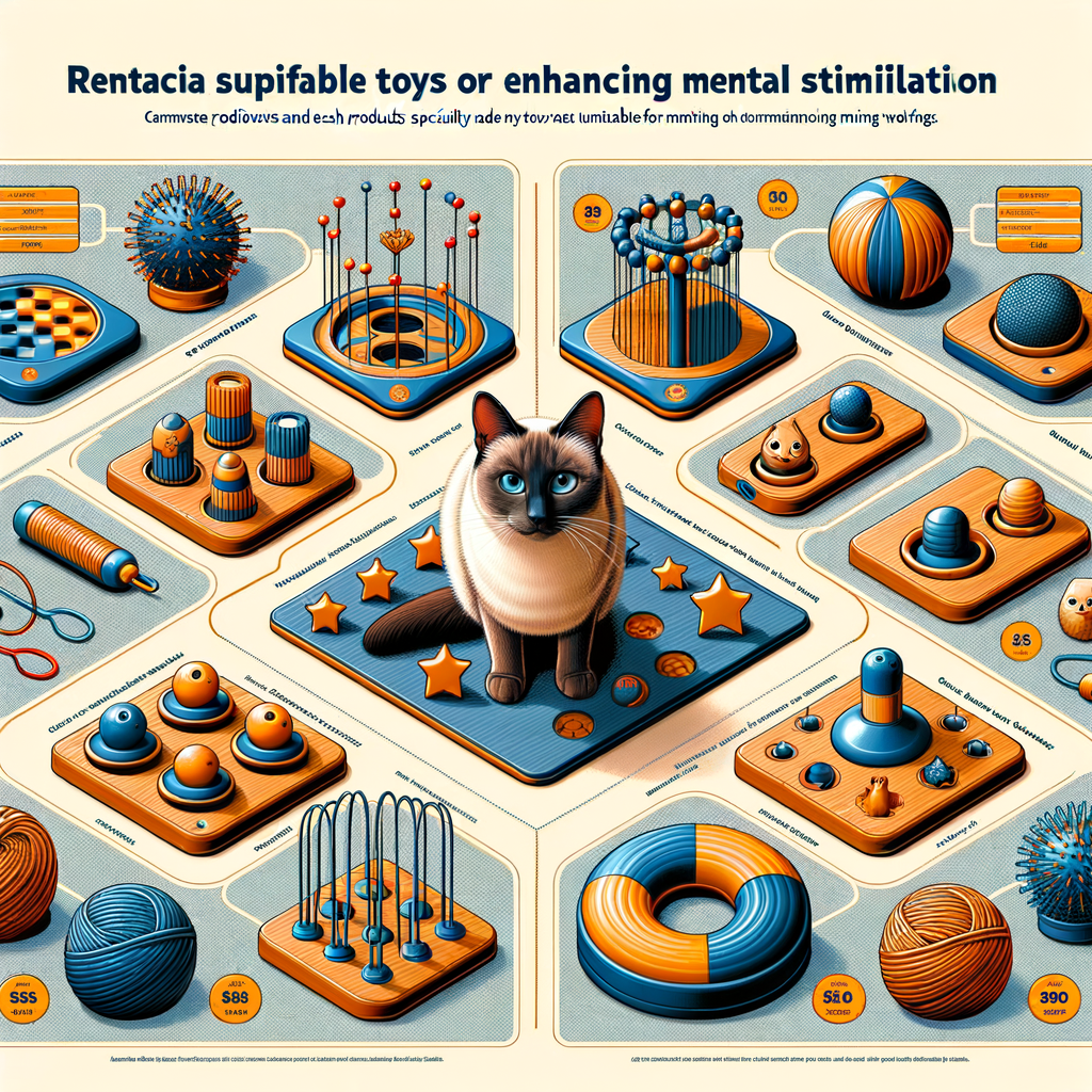 Interactive Siamese cat toys for mental stimulation, featuring detailed cat product reviews, comparison charts for cat enrichment toys, and highlighting best toys for Siamese cat behavior and care.